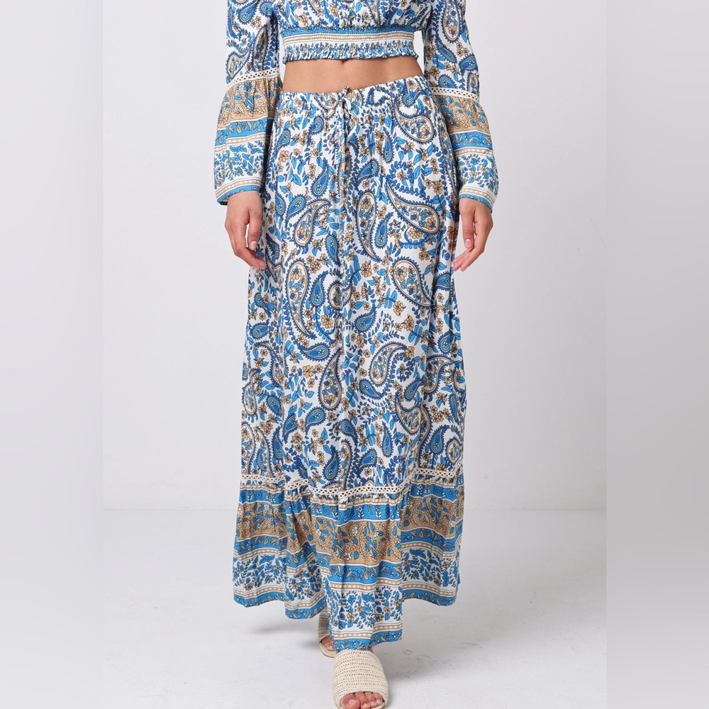 Boho Chic Paisley Blue Maxi Skirt Angeleye Star Fruit Floral‎ Tiered Size 10 NEW
